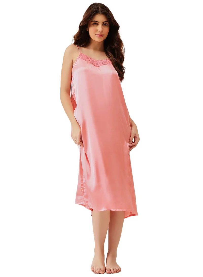 Clovia Pink Floral Print Long Nighty & Robe Set in Light Pink - Satin for Women | Best Price UAE